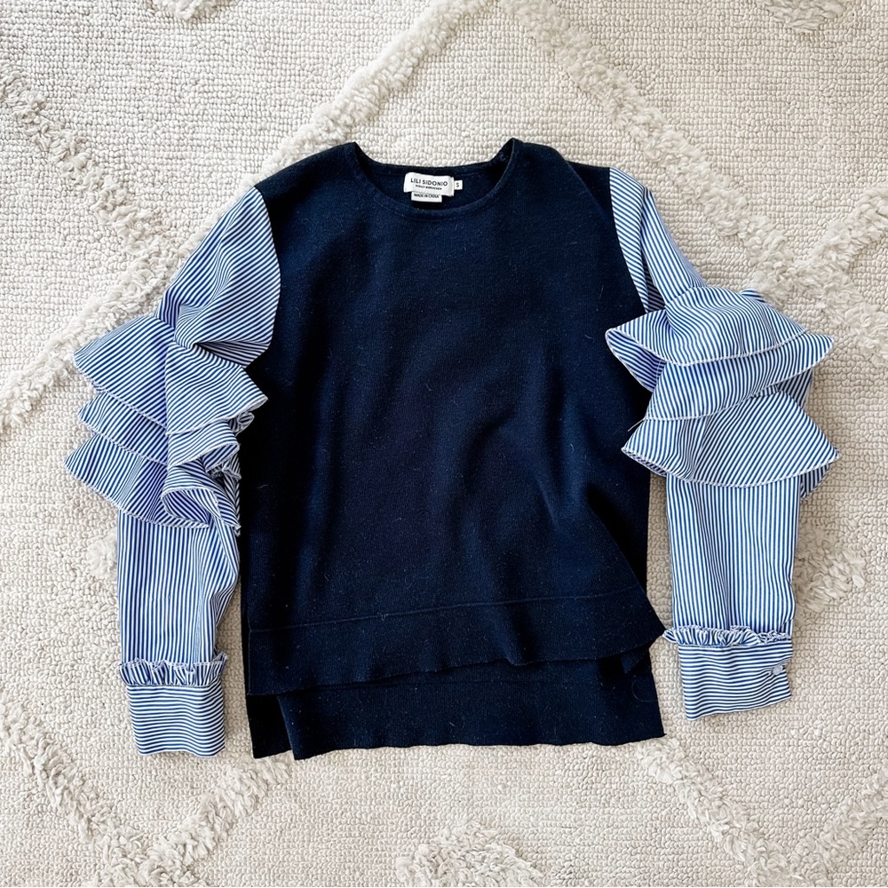 Lili Sedonia Dress Top in Navy/Blue Stripe Sleeve with Ruffle Anthropologie - S - Picture 1 of 2